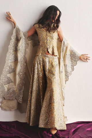 Flared Sharara Set for Indian Wedding – Golden Yellow Cape Style Outfit by Twenty Nine