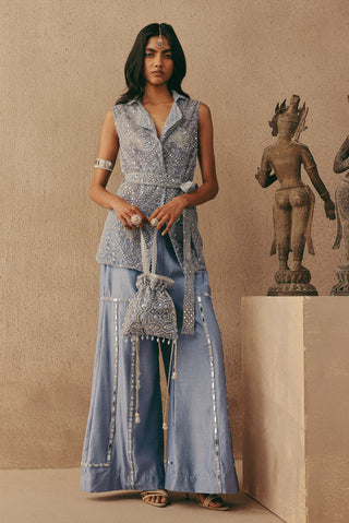 Mirrorwork Blazer Set Indian Wedding Blue Sleeveless Blazer by Twenty Nine