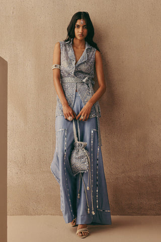 Mirrorwork Blazer Set Indian Wedding Blue Sleeveless Blazer by Twenty Nine