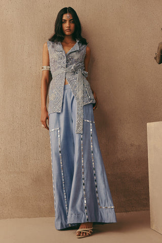 Mirrorwork Blazer Set Indian Wedding Blue Sleeveless Blazer by Twenty Nine