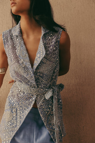 Mirrorwork Blazer Set Indian Wedding Blue Sleeveless Blazer by Twenty Nine