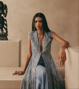 Mirrorwork Jacket set Indian Wedding Blue Wing Collar Jacket by Twenty Nine