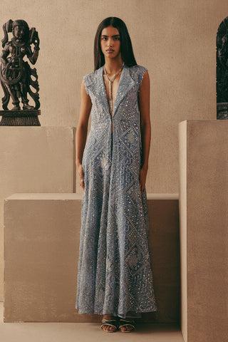 Mirrorwork Jacket set Indian Wedding Blue Wing Collar Jacket by Twenty Nine