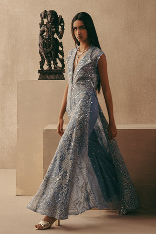 Mirrorwork Jacket set Indian Wedding Blue Wing Collar Jacket by Twenty Nine