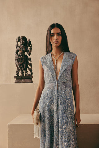 Mirrorwork Jacket set Indian Wedding Blue Wing Collar Jacket by Twenty Nine