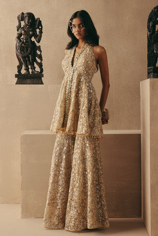 Mirrorwork Sharara Set Indian Wedding – Gold Peplum by Twenty Nine