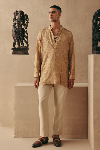 Beige Kurta Set for Indian Wedding – Short Silk Bandhani by Twenty Nine