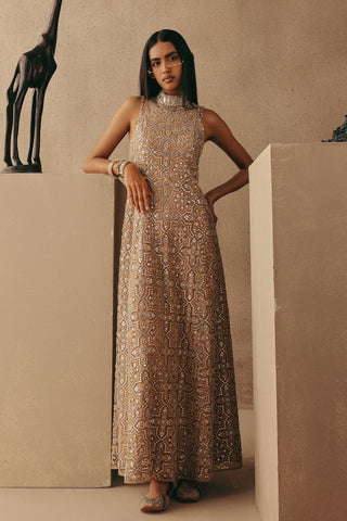 Mirrorwork Backless Dress Indian Wedding Peach Hi Neck Dress by Twenty Nine