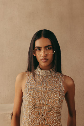 Mirrorwork Backless Dress Indian Wedding Peach Hi Neck Dress by Twenty Nine