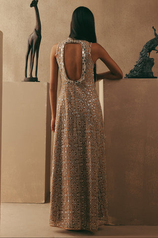 Mirrorwork Backless Dress Indian Wedding Peach Hi Neck Dress by Twenty Nine
