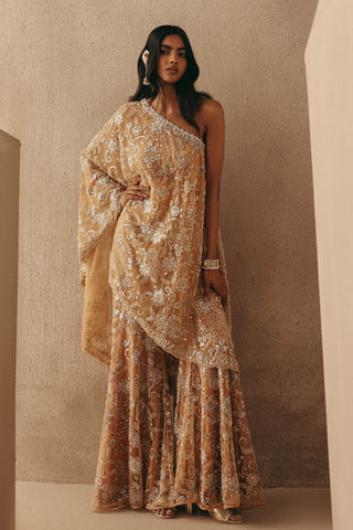 Mirrorwork Jacket Set Contemporary Wear – Peach One Shoulder by Twenty Nine