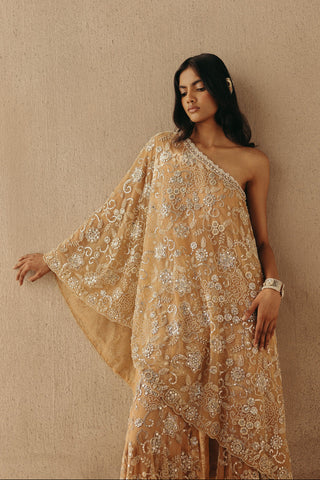 Mirrorwork Jacket Set Contemporary Wear – Peach One Shoulder by Twenty Nine