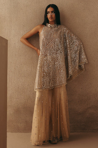 Mirrorwork One Shoulder set Indian Wedding Beige Dress Top by Twenty Nine