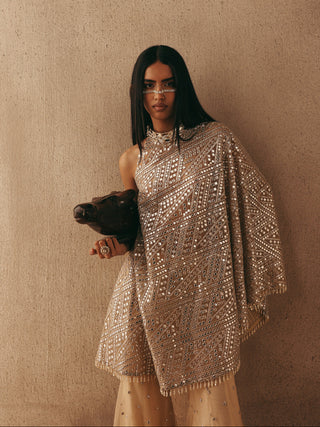 Mirrorwork One Shoulder set Indian Wedding Beige Dress Top by Twenty Nine