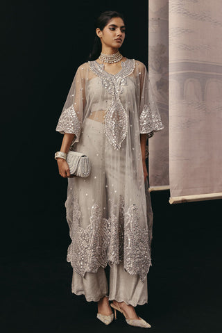 Gray Kaftan Set for Indian Wedding – Zari Mirrorwork Style by Twenty Nine