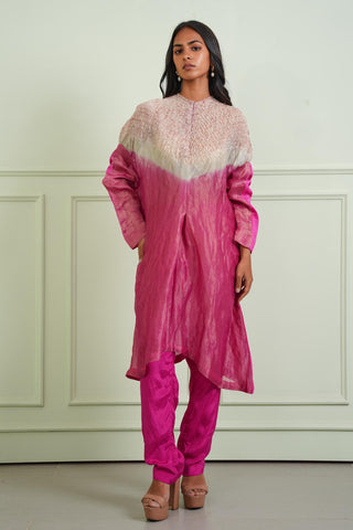 Kurta Set Pastel Wear - Pink Shibori Tissue Short Kurta Set by Twenty Nine
