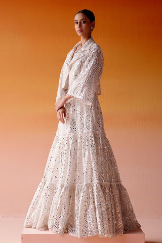Aaina Lehenga Set for Indian Wedding – White Mirrorwork Tiered Style by Twenty Nine