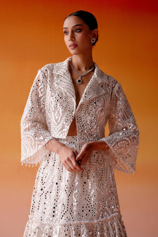 Aaina Lehenga Set for Indian Wedding – White Mirrorwork Tiered Style by Twenty Nine