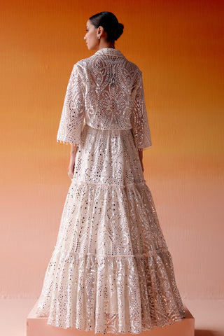 Aaina Lehenga Set for Indian Wedding – White Mirrorwork Tiered Style by Twenty Nine