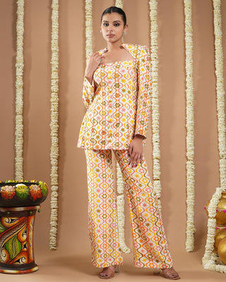 Off white multicolor printed avyanna coat & pant set