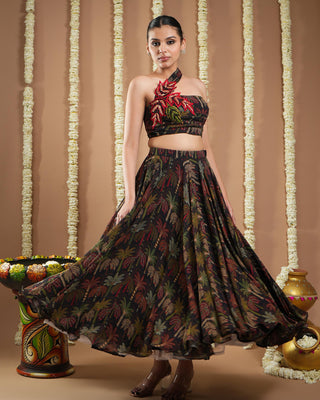 Black printed avyanna drape top and skirt set