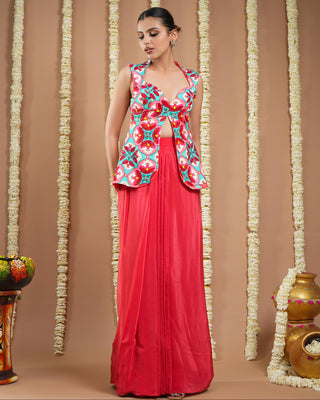 Red tile printed coat avyanna drape skirt set