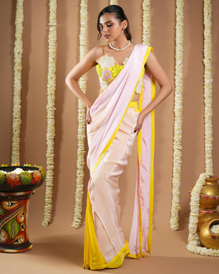 Yellow & pink flower avyanna pre-draped saree