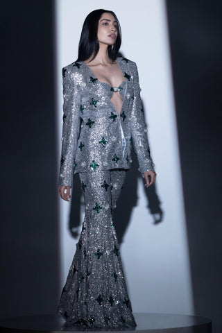 Silver bralet with jacket and sharara