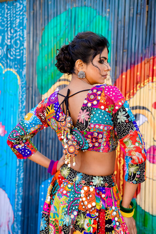 Lehenga Set Bohemian Wear - Multicolor Patchwork Lehenga Set by Banjara Trail