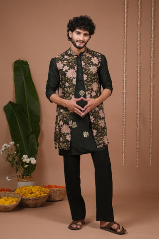 Kurta set for Indian Wedding – Olive Green Heavy Sheer Jacket by AHI Clothing