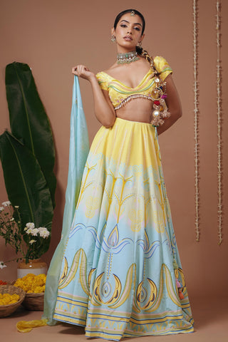 Lehenga set for Indian Wedding – Yellow Firozi Printed by AHI Clothing