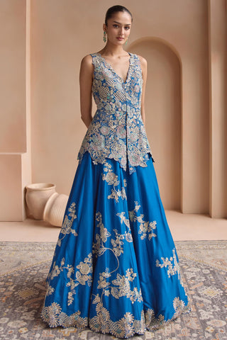 Lehenga Set for Indian Wedding - Blue Off The Record Embroidered Peplum Jacket Lehenga Set by Osaa by Adarsh at Mrs. G

