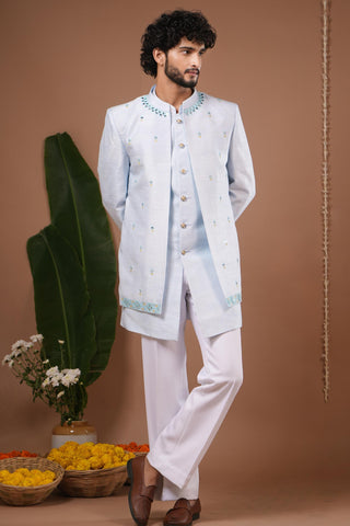 Jodhpuri set for Indian Wedding – Sky Blue Open Jacket by AHI Clothing