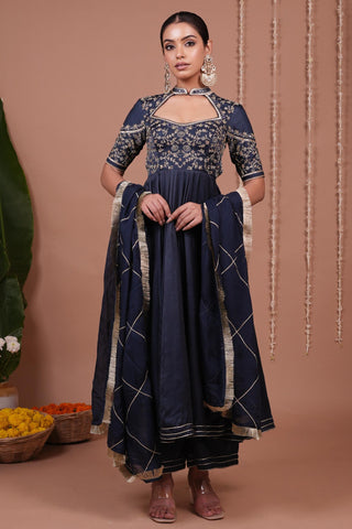 Anarkali suit for Indian Wedding – Navy Blue Silk Satin by AHI Clothing