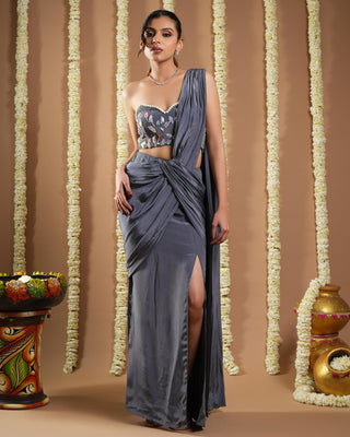 Gray ruched avyanna pre-draped saree