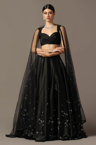 Black satin lehenga set with draped blouse