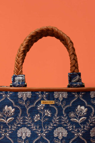 Blue jharokha thread embroidered handbag