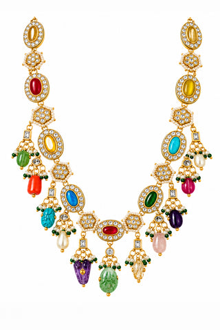 Flat product view of the multicolor gemstone-drop kundan statement necklace showing pearl accents and bead drops at Mrs. G