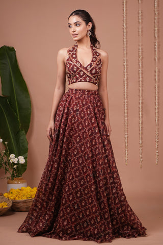 Lehenga set for Indian Wedding – Maroon Halter Neck by AHI Clothing