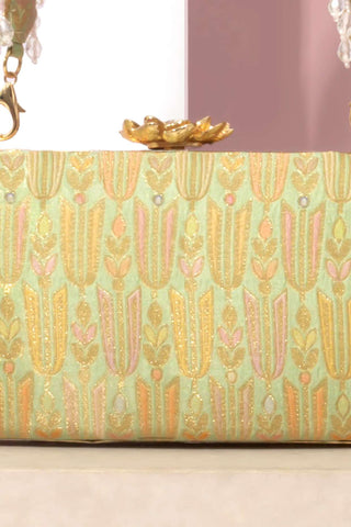 Green titli pure banarasi silk capsule clutch