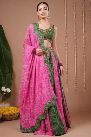 Lehenga set for Indian Wedding – Green Pink Bandhani Floral by AHI Clothing
