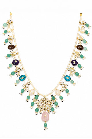 Flat product view of the multicolor gemstone-drop pearl kundan necklace showing kundan-style motifs with bead clusters at Mrs. G