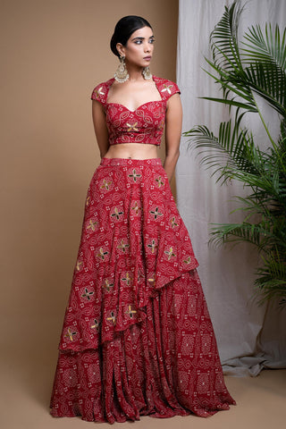 Red sitara bandhani digital print indo lehenga set