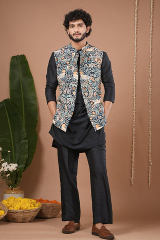 Nehru jacket set for Indian Wedding – Navy Blue Digital Print by AHI Clothing