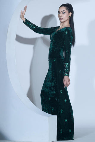 Green fitted sleeve maxi gown