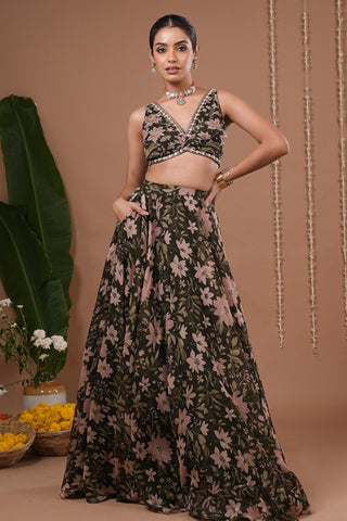 Organza lehenga for Indian Wedding – Olive Green Floral Printed by AHI Clothing