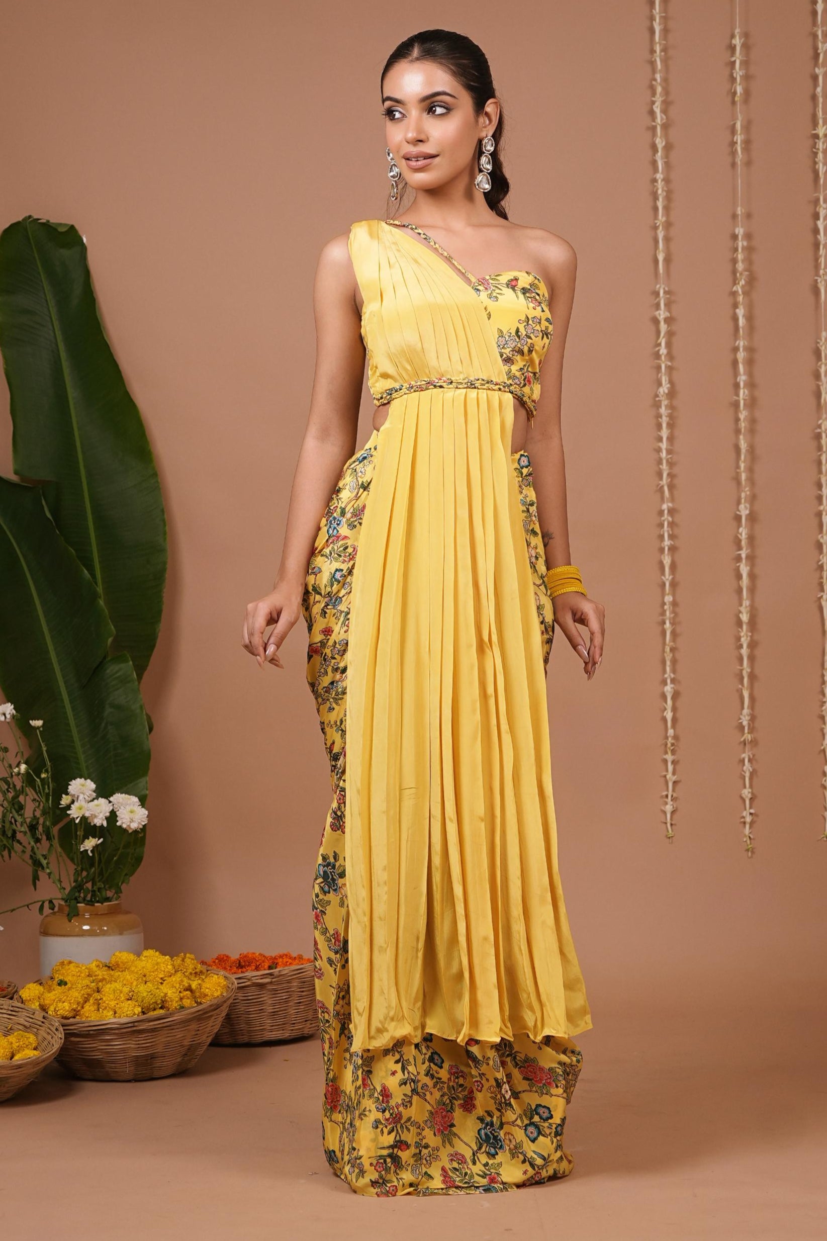 Saree Dress Yellow Printed Saree Dress AHI Clothing | Mrs. G M / Yellow / Women Saree Dress Yellow Printed Saree Dress AHI Clothing | Mrs. G M / Yellow / Women