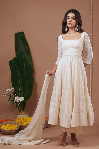 Anarkali suit for Indian Wedding – Ivory Chikankari by AHI Clothing