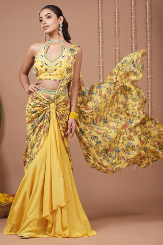 Drape saree for Indian Wedding – Bright Yellow Halter Neck by AHI Clothing