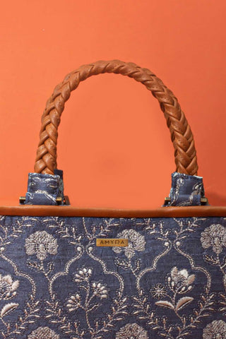Blue jharokha embroidered handbag